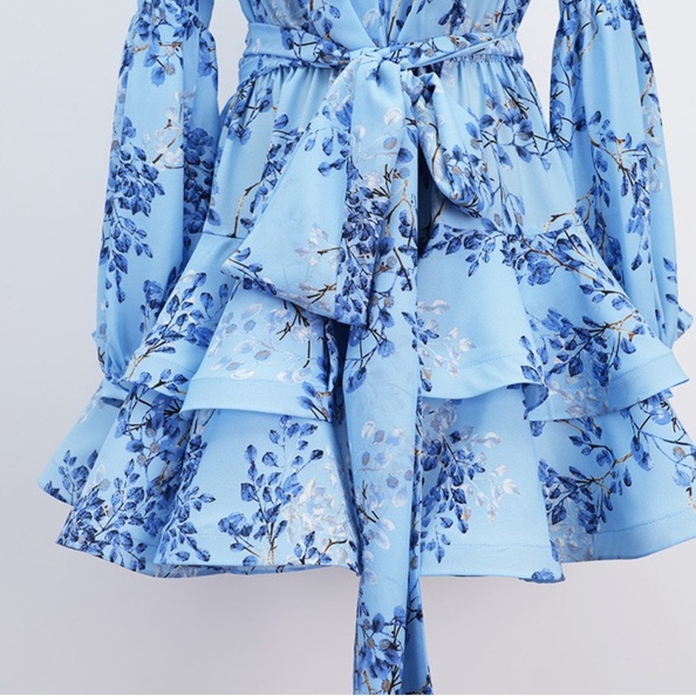 NWOT BRONX ADN BANCO BEDOUIN BLUE POPPY SHORT DRESS Floral Blue Wrap Dress - Picture 5 of 13